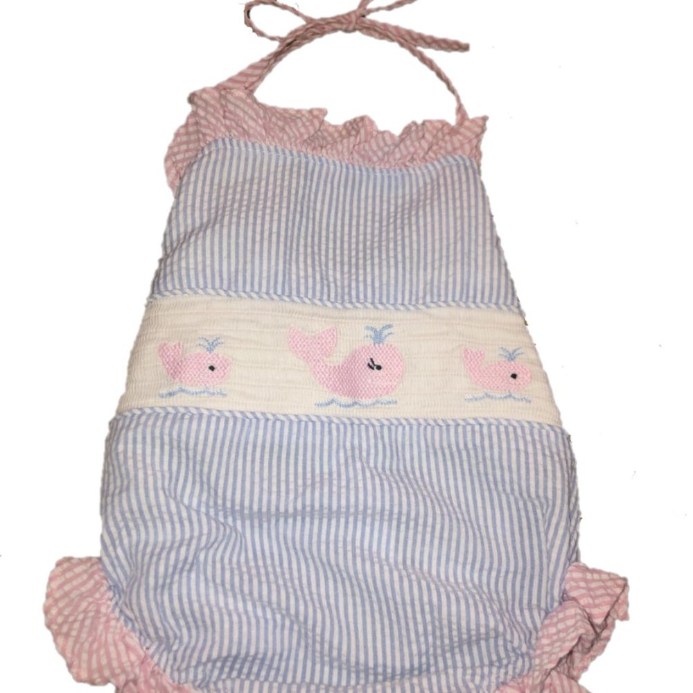 Jelly Beans Smocked Whales Seersucker Bubble 6-12M